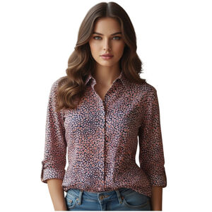 Foxcroft Blouse Womens 14P Blue Retro Classic Office All Over Print Contemporary